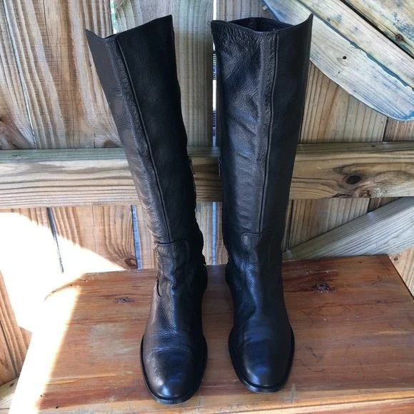 Zara Tall Black Textured Leather Low Heel Back Buckle Side Zip Riding Boots 9